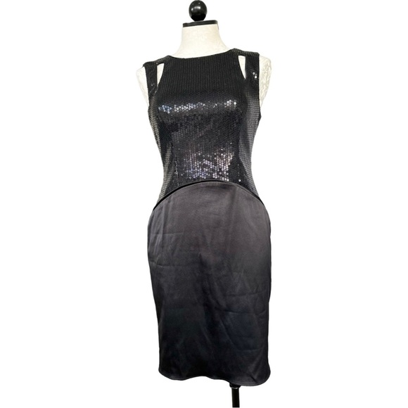 Vince Camuto Sequin Cut Out Cocktail Dress Black Satin & Sequins Size 4 - Picture 2 of 15